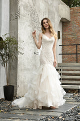 Ivory Mermaid Tulle Lace Appliques V-neck Corset Wedding Dresses with Cascading Ruffles Gowns, Wedding Dresses Silk