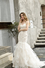 Ivory Mermaid Tulle Lace Appliques V-neck Corset Wedding Dresses with Cascading Ruffles Gowns, Wedding Dresses Unique