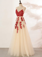 Ivory Tulle With Red Lace Applique V Neckline Corset Prom Dress outfits, Black Tie Dress