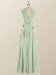 Jewel Neck Sage Green Chiffon Long Corset Bridesmaid Dress outfit, Formal Dresses Pink