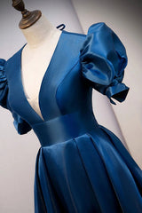 Blue V Neck Satin Short Sleeves Long Corset Prom Dress Blue Satin Evening Dress outfit, Party Dress Miami