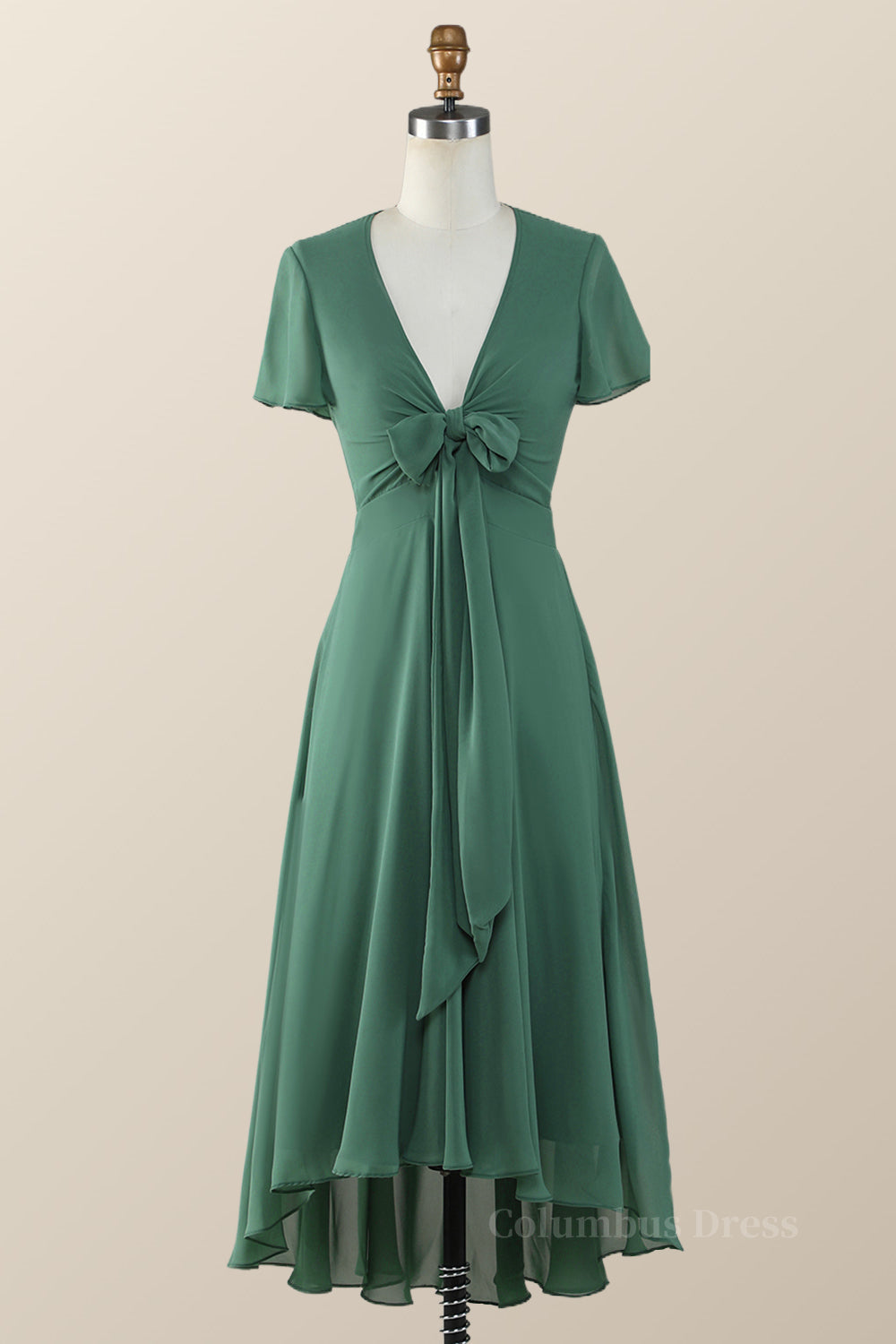 Knot Front Green Chiffon Long Corset Bridesmaid Dress outfit, Bridesmaid Dress Mauve