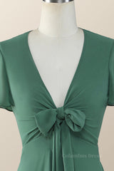 Knot Front Green Chiffon Long Corset Bridesmaid Dress outfit, Flower Girl