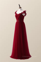 Knotted Front Red Tulle A-line Long Corset Bridesmaid Dress outfit, Bridesmaid Dresses Long