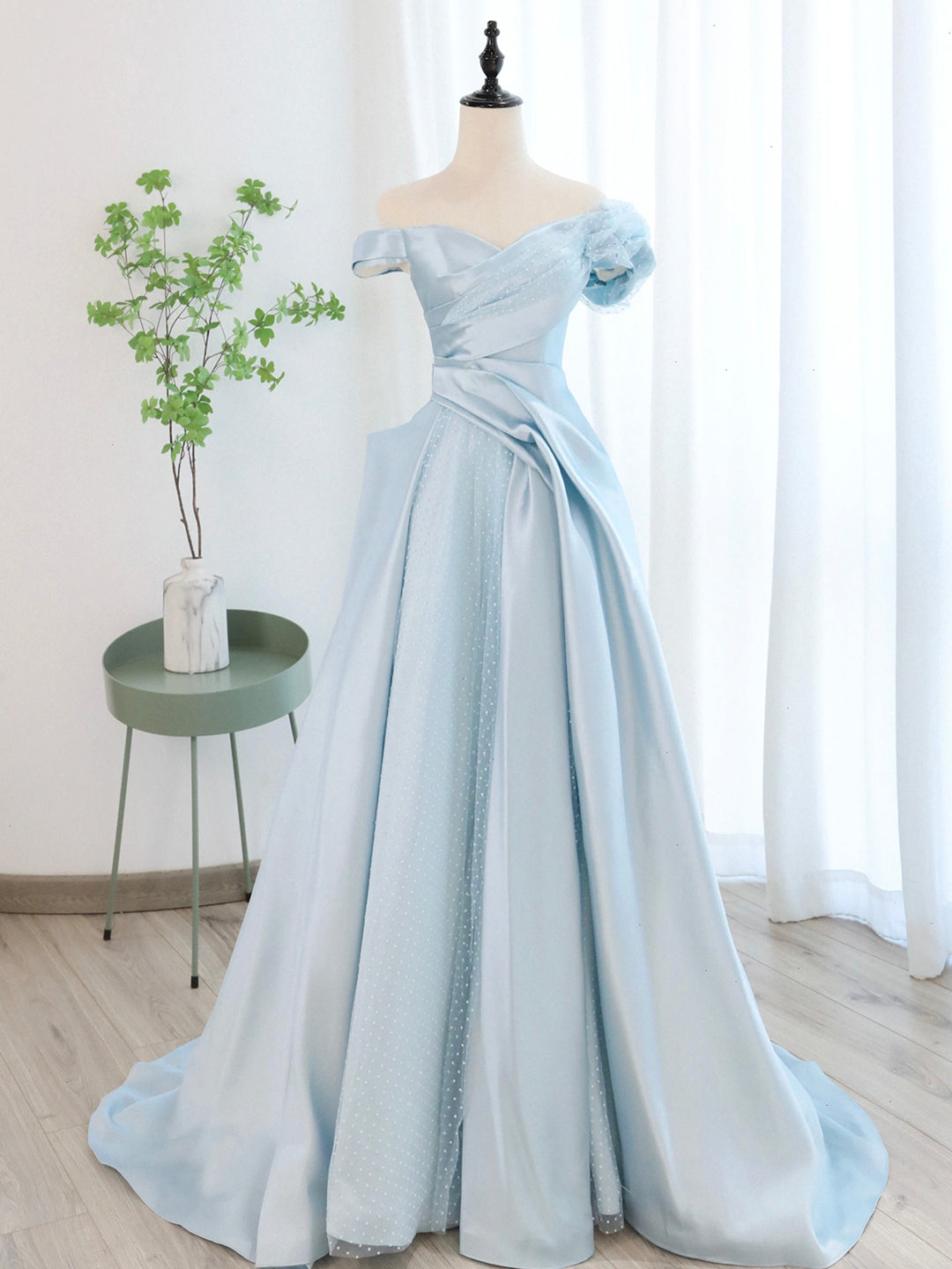 Blue Satin Tulle Long Corset Prom Dress, Off Shoulder Corset Formal Evening Dress outfit, Party Dresses Online