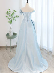 Blue Satin Tulle Long Corset Prom Dress, Off Shoulder Corset Formal Evening Dress outfit, Party Dresses Short