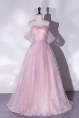 Pink Tulle Sequins Long Corset Prom Dress, A-Line Corset Formal Graduation Dress outfits, Bridesmaids Dresses Convertible