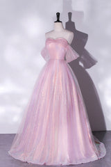 Pink Tulle Sequins Long Corset Prom Dress, A-Line Corset Formal Graduation Dress outfits, Bridesmaid Dresses Convertable