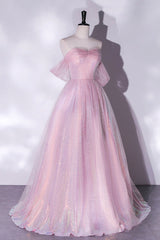 Pink Tulle Sequins Long Corset Prom Dress, A-Line Corset Formal Graduation Dress outfits, Bridesmaid Dresses Convertible
