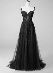 Black Sweetheart Tulle With Lace Long A-Line Corset Prom Dress, Black Corset Formal Dress outfit, Royal Dress