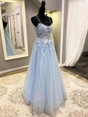 Blue Spaghetti Strap Tulle Long Corset Prom Dress with Lace, A-Line Evening Party Dress Outfits, Party Dress Stores