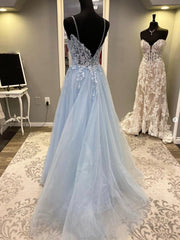 Blue Spaghetti Strap Tulle Long Corset Prom Dress with Lace, A-Line Evening Party Dress Outfits, Party Dresses On Sale