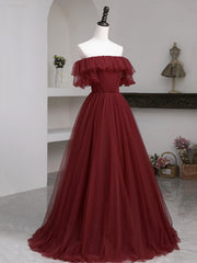 Burgundy Tulle Floor Length Corset Prom Dress, Simple A-Line Evening Party Dress Outfits, Formal Dresses Homecoming