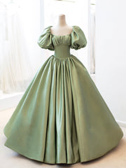 Green Satin Corset Formal Evening Gown with Puff Sleeve, A-Line Long Corset Prom Dress outfits, Prom Dresses Long Elegant