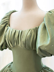 Green Satin Corset Formal Evening Gown with Puff Sleeve, A-Line Long Corset Prom Dress outfits, Prom Dress Long Elegent