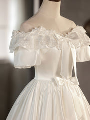 White Satin Lace Short Corset Prom Dress, Off Shoulder Evening Dress, Corset Wedding Dress outfit, Wedding Dresses Shoulder