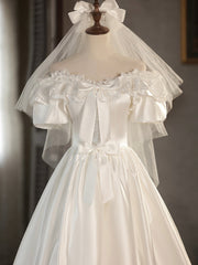 White Satin Lace Short Corset Prom Dress, Off Shoulder Evening Dress, Corset Wedding Dress outfit, Wedding Dress Shoulders