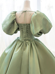 Green Satin Corset Formal Evening Gown with Puff Sleeve, A-Line Long Corset Prom Dress outfits, Prom Dress Long Elegant