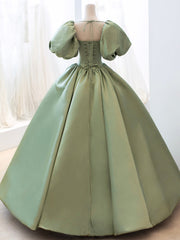 Green Satin Corset Formal Evening Gown with Puff Sleeve, A-Line Long Corset Prom Dress outfits, Prom Dresses Silk