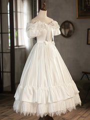 White Satin Lace Short Corset Prom Dress, Off Shoulder Evening Dress, Corset Wedding Dress outfit, Wedding Dress Shoulder