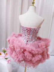 Pink Sweetheart Neckline Tulle Short Corset Prom Dress with Rhinestones, Cute Party Dress Outfits, Bridesmaids Dresses Beach Wedding