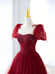 Burgundy Tulle Beaded Long Corset Prom Dress, A-Line Corset Formal Evening Dress outfit, Formal Dresses Winter