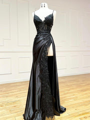 Black V-Neck Satin Lace Long Corset Prom Dress, Black Spaghetti Strap Evening Dress with Slit Gowns, Bridesmaid Dresses Uk