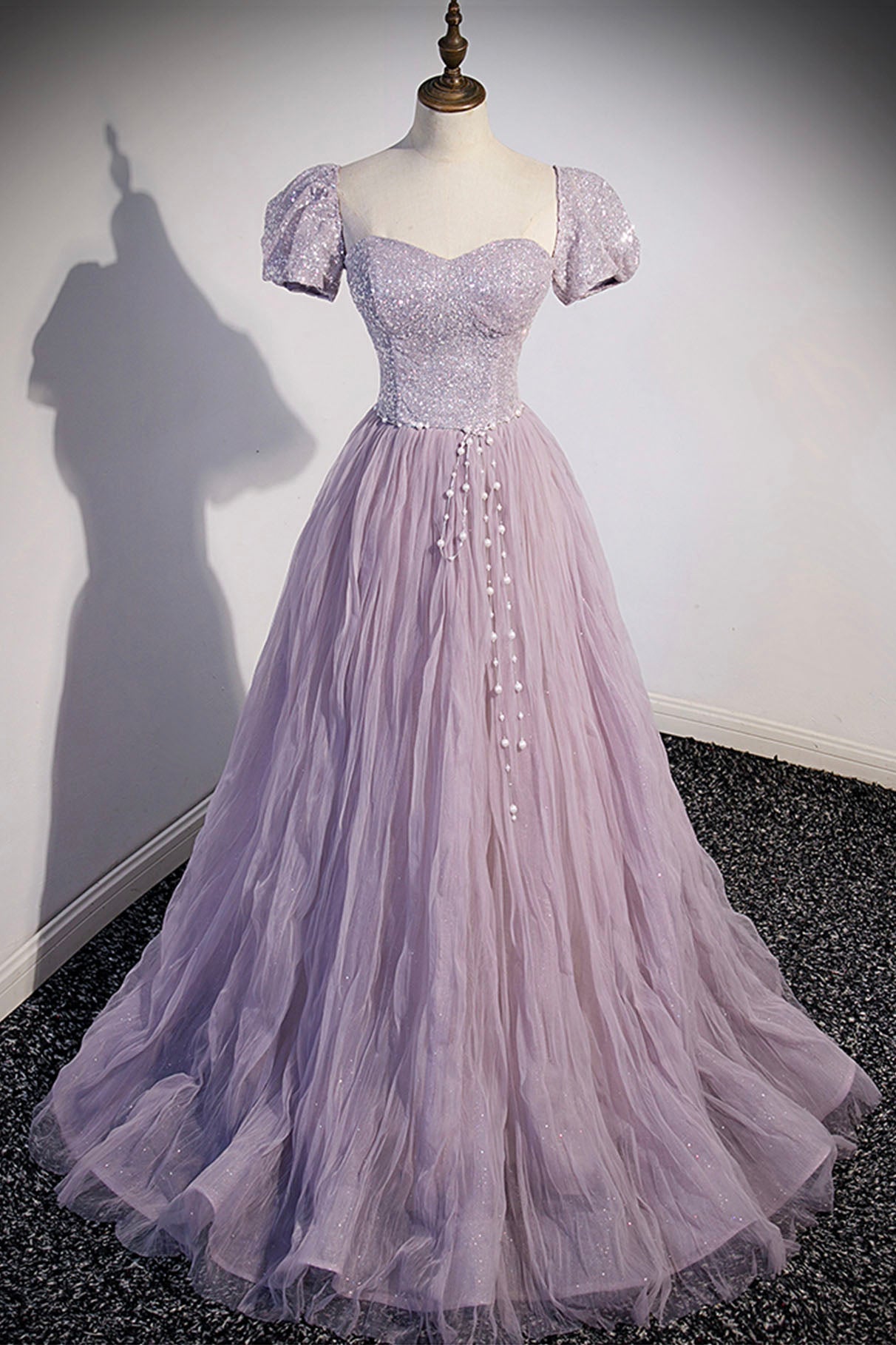 Purple Tulle Sequins Floor Length Corset Prom Dress, A-Line Evening Party Dress Outfits, Bridesmaid Dresses Velvet