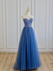 Blue Strapless Tulle Long Corset Prom Dress with Beaded, A-Line Evening Corset Formal Dress outfit, Party Dresses For Teen
