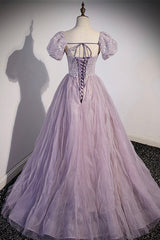 Purple Tulle Sequins Floor Length Corset Prom Dress, A-Line Evening Party Dress Outfits, Flower Dress
