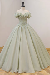 Green Corset Ball Gown, A-Line Off the Shoulder Evening Gown with Beaded outfit, Prom Dresses Around Me