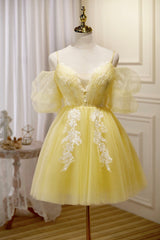 Yellow Lace Short Corset Prom Dress, Off the Shoulder Corset Homecoming Dress outfit, Winter Dress