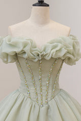 Green Corset Ball Gown, A-Line Off the Shoulder Evening Gown with Beaded outfit, Prom Dressed 2044