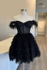 Black Tulle Knee Length Corset Prom Dress, Black Off Shoulder Evening Dress outfit, Bridesmaid Dresses Design