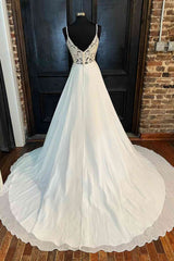 Lace Back White V-Neck A-Line Long Bridal Dress Chiffon Corset Wedding Dresses outfit, Wedding Dress Unique