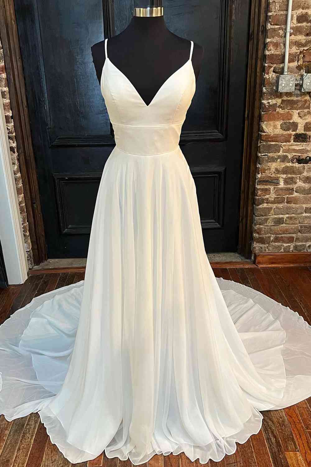 Lace Back White V-Neck A-Line Long Bridal Dress Chiffon Corset Wedding Dresses outfit, Wedding Dresses Under 501