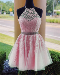 Lace Embroidery Halter Tulle Corset Homecoming Dresses Cross Back Gowns, Prom Dresses For Teens Long