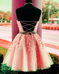 Lace Embroidery Halter Tulle Corset Homecoming Dresses Cross Back Gowns, Prom Dresses Pattern
