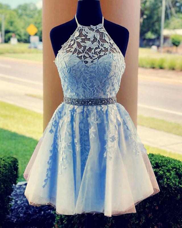 Lace Embroidery Halter Tulle Corset Homecoming Dresses Cross Back Gowns, Prom Dresses Ball Gown Style
