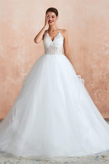 Lace Halter See-through Multi-Layers White Corset Wedding Dresses with Open Back outfit, Wedding Dresses Tulle Lace