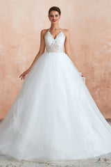 Lace Halter See-through Multi-Layers White Corset Wedding Dresses with Open Back outfit, Wedding Dress Sleeves Lace