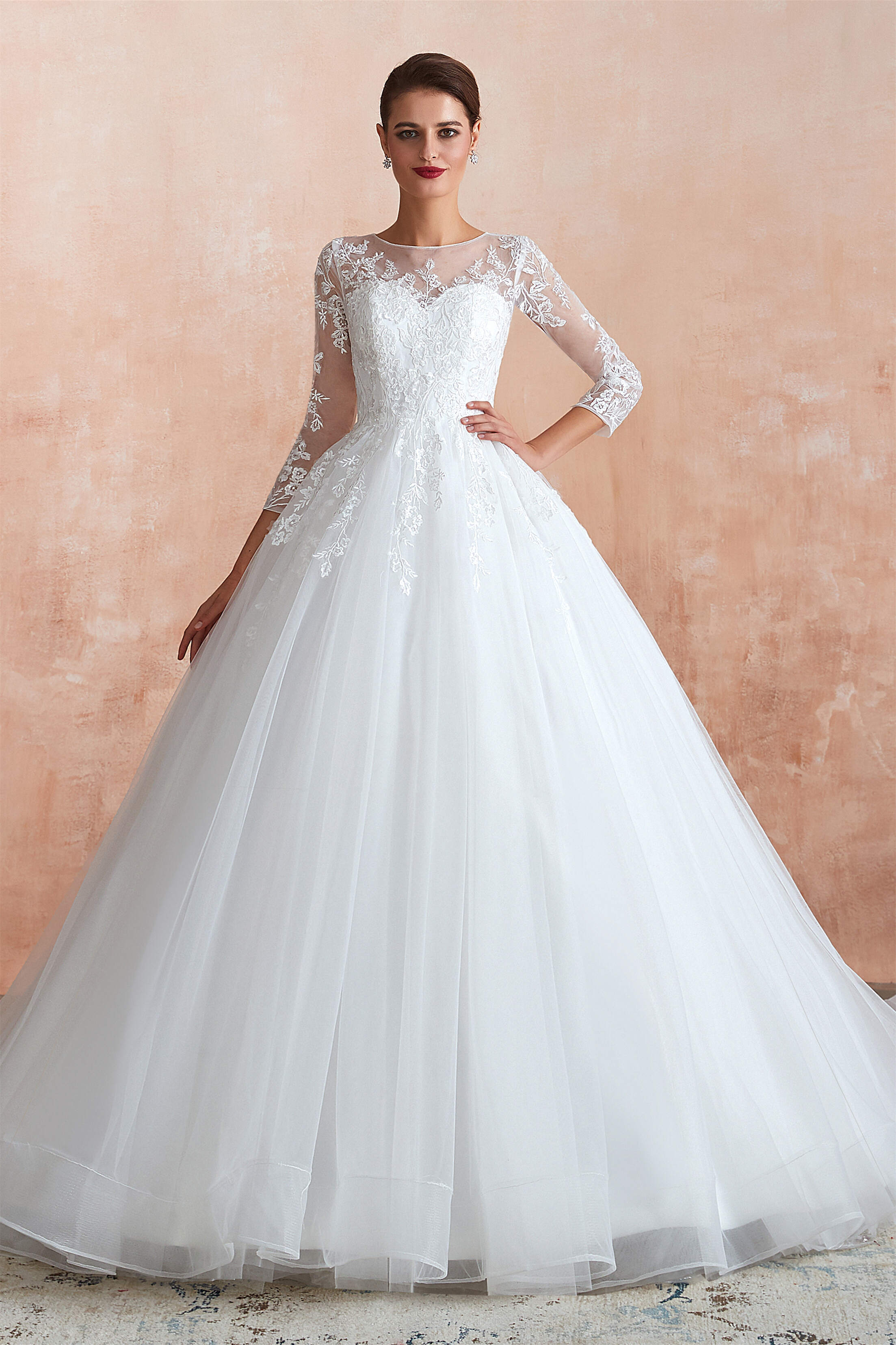 Lace Jewel White Tulle Corset Wedding Dresses with 3/4 Sleeves Gowns, Wedding Dress Long Sleeve