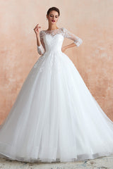 Lace Jewel White Tulle Corset Wedding Dresses with 3/4 Sleeves Gowns, Wedding Dress Style