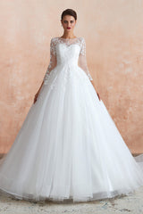 Lace Jewel White Tulle Corset Wedding Dresses with 3/4 Sleeves Gowns, Wedding Dresses Ball Gown