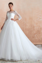 Lace Jewel White Tulle Corset Wedding Dresses with 3/4 Sleeves Gowns, Wedding Dresses Online