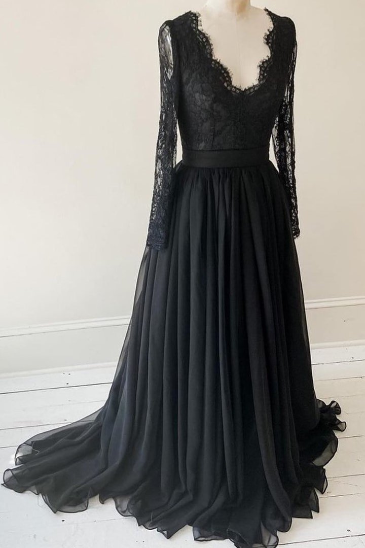 Lace Long Sleeves Black Evening Gown with Chiffon Skirt outfits, Bridesmaid Dresses Elegant