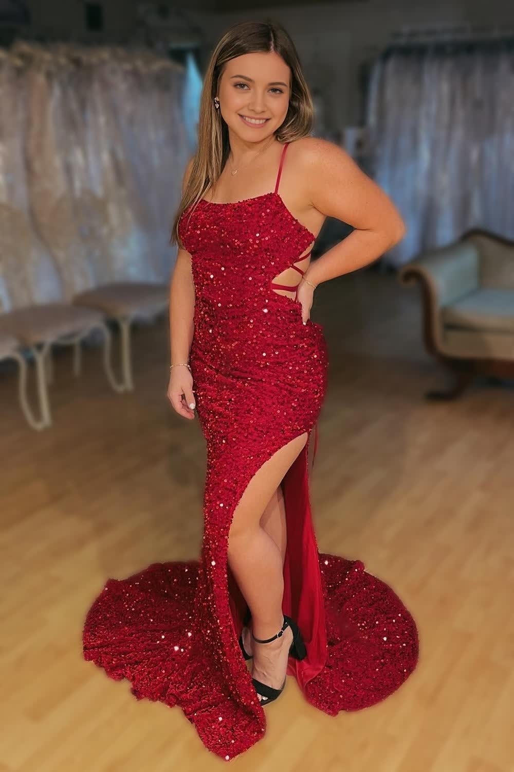 Lace-Up Mermaid Sparkly Burgundy Sequins Long Corset Prom Dress with Slit Gowns, Lace-Up Mermaid Sparkly Burgundy Sequins Long Prom Dress with Slit