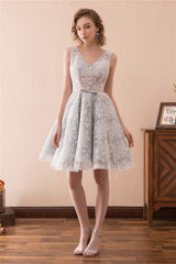 Lace V Neck Grey Short Corset Homecoming Dresses with Ribbon Gowns, Evening Dress Gown