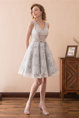 Lace V Neck Grey Short Corset Homecoming Dresses with Ribbon Gowns, Evening Dress Gowns