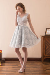 Lace V Neck Grey Short Corset Homecoming Dresses with Ribbon Gowns, Evening Dresses Gown
